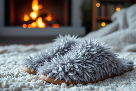 Pantoufles grises duveteuses sur un tapis blanc devant une cheminée