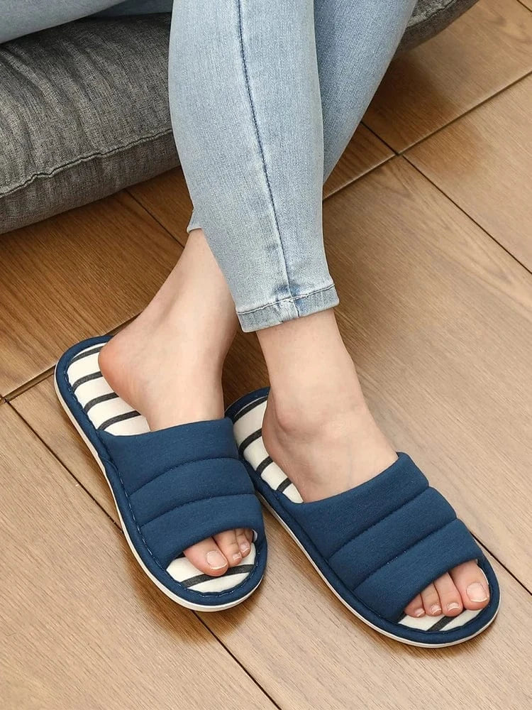 Comwarm – pantoufles d'intérieur en coton à bout ouvert pour femmes, tongs souples et décontractées pour la maison, en mousse à mémoire de forme, chaussures plates pour chambre à coucher