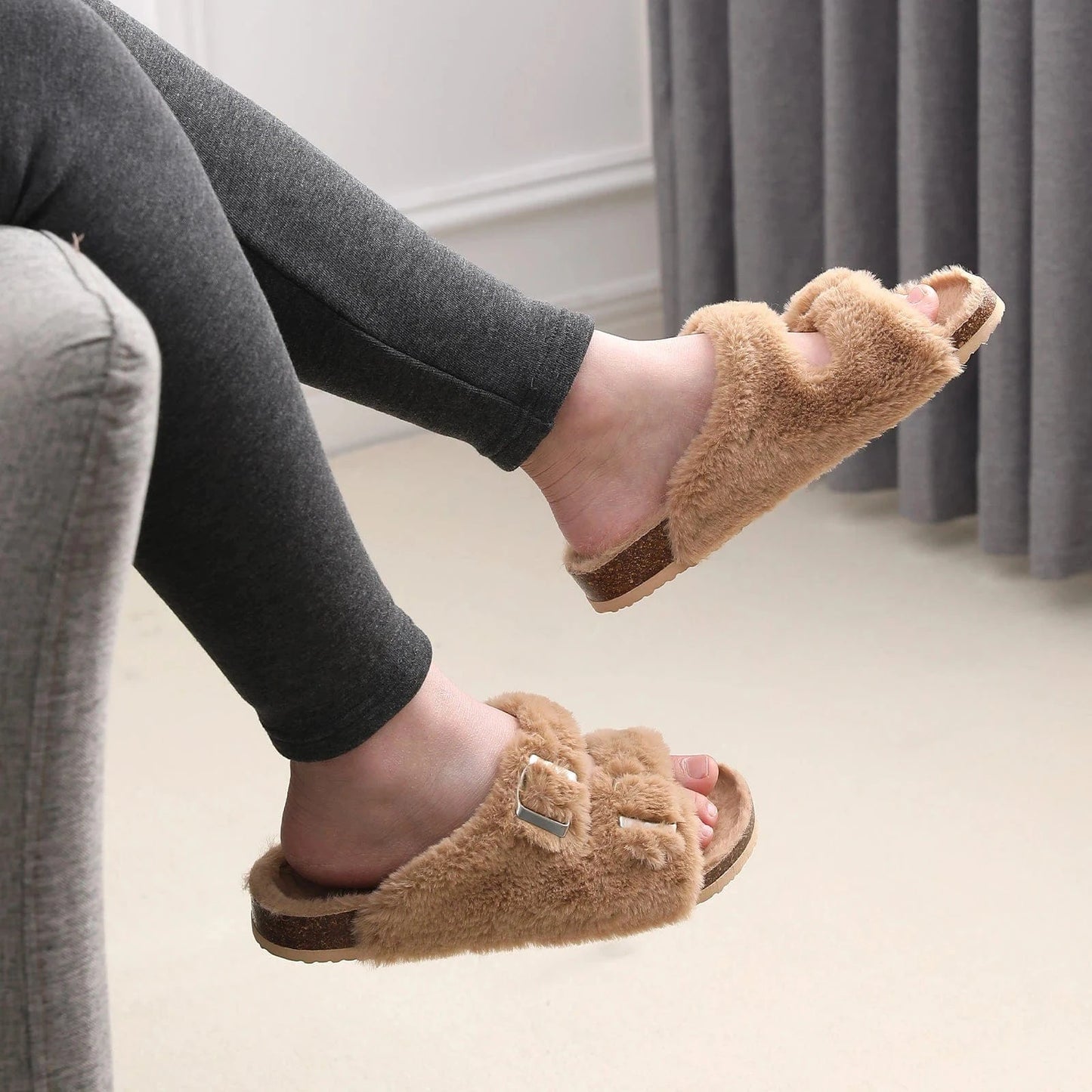Comwarm-Pantoufles pelucheuses pour femmes, sandales d'hiver en fourrure moelleuse avec double boucle, intérieur et extérieur, Parker ouvert, toboggans en fourrure plate pour la maison