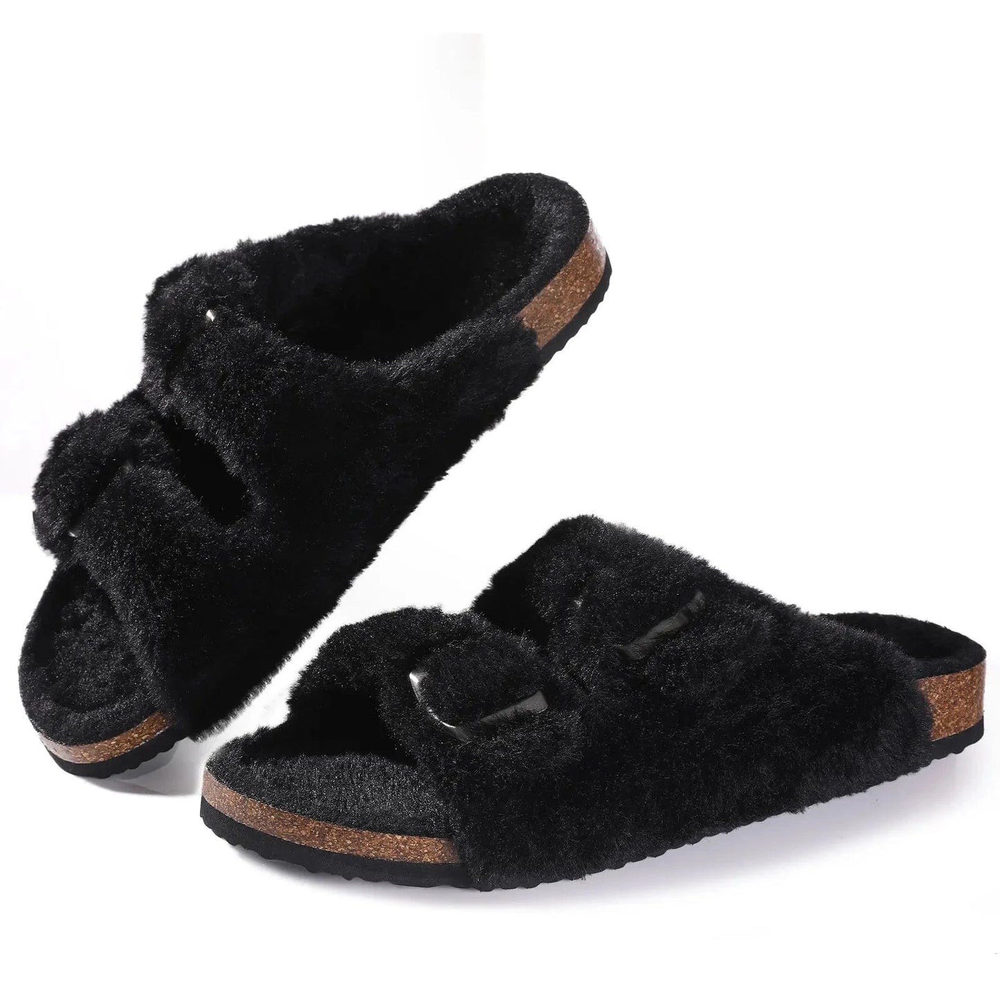 Comwarm-Pantoufles pelucheuses pour femmes, sandales d'hiver en fourrure moelleuse avec double boucle, intérieur et extérieur, Parker ouvert, toboggans en fourrure plate pour la maison Black / 38(23cm)