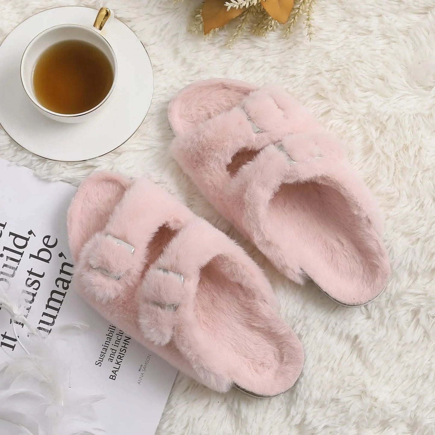 Comwarm-Pantoufles pelucheuses pour femmes, sandales d'hiver en fourrure moelleuse avec double boucle, intérieur et extérieur, Parker ouvert, toboggans en fourrure plate pour la maison
