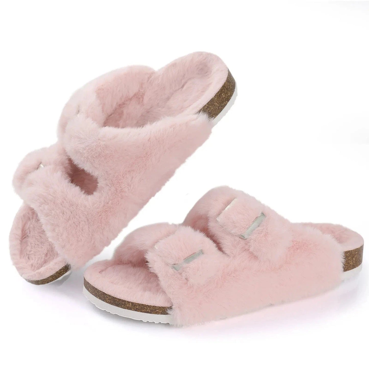 Comwarm-Pantoufles pelucheuses pour femmes, sandales d'hiver en fourrure moelleuse avec double boucle, intérieur et extérieur, Parker ouvert, toboggans en fourrure plate pour la maison Pink / 36(22cm)