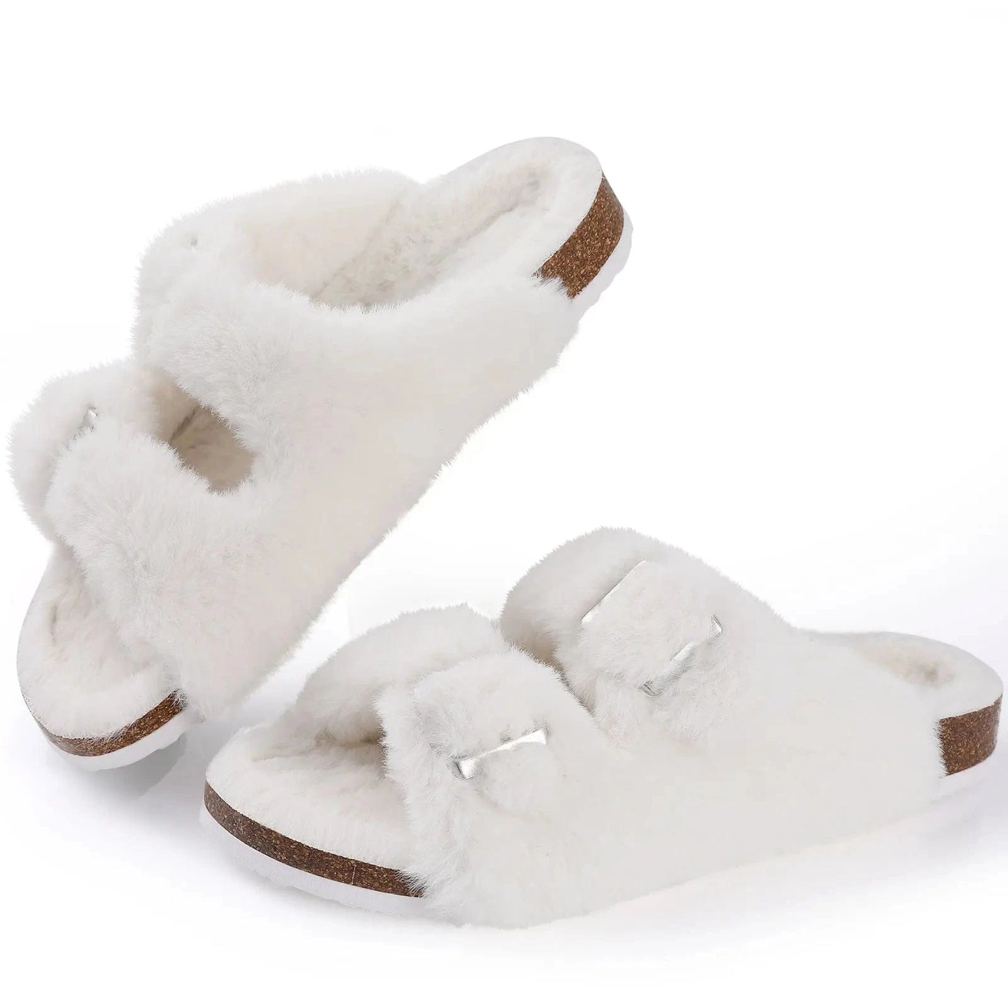 Comwarm-Pantoufles pelucheuses pour femmes, sandales d'hiver en fourrure moelleuse avec double boucle, intérieur et extérieur, Parker ouvert, toboggans en fourrure plate pour la maison White / 36(22cm)