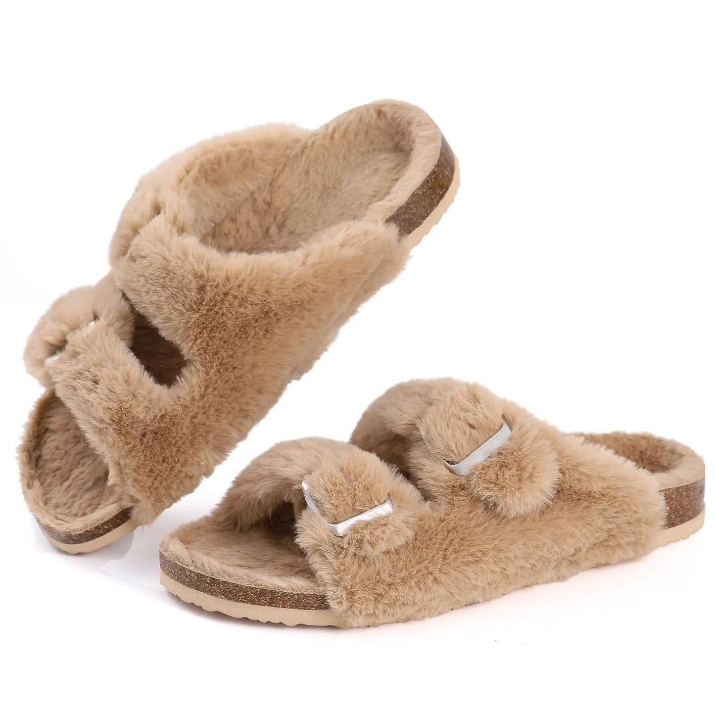 Comwarm-Pantoufles pelucheuses pour femmes, sandales d'hiver en fourrure moelleuse avec double boucle, intérieur et extérieur, Parker ouvert, toboggans en fourrure plate pour la maison Khaki / 36(22cm)