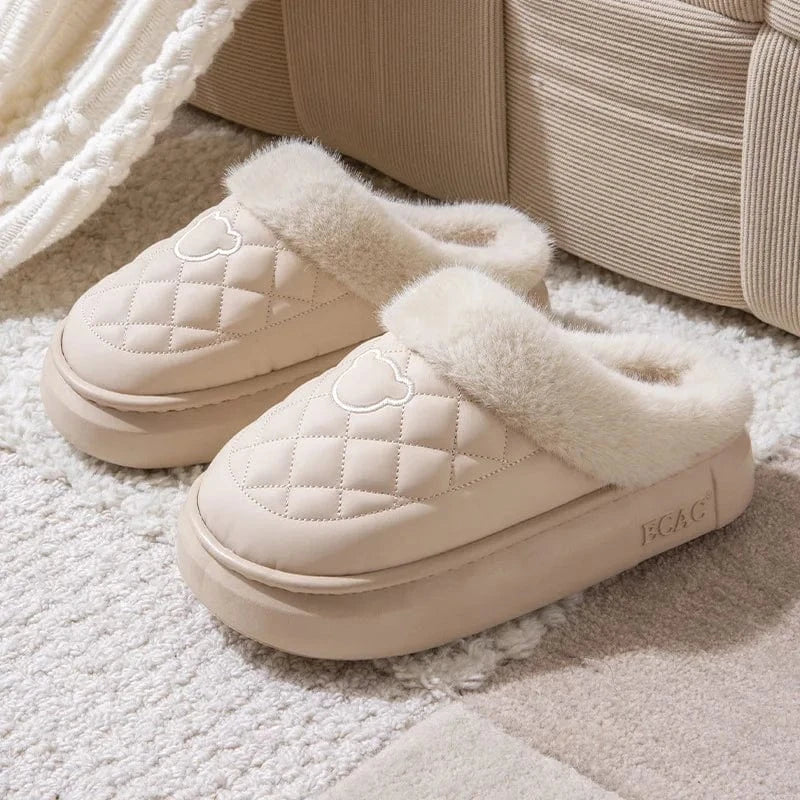 Crestar-Pantoufles pelucheuses d'hiver pour femmes, coordonnantes, imperméables, plate-forme moelleuse, pantoufles d'intérieur chaudes, maison en peluche, toboggans en coton, mode Beige / 44-45 / CHINA