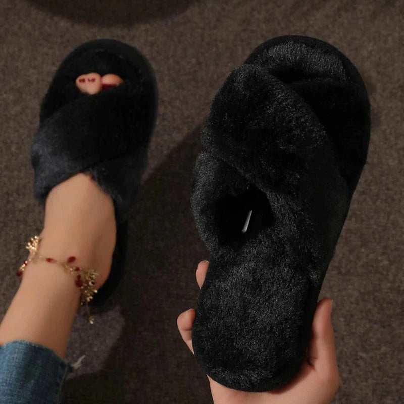CrissCross-Pantoufles de Maison en Peluche pour Femme, Chaussures de Maison Confortables et Chaudes, Semelle Souple, Nik, Hiver
