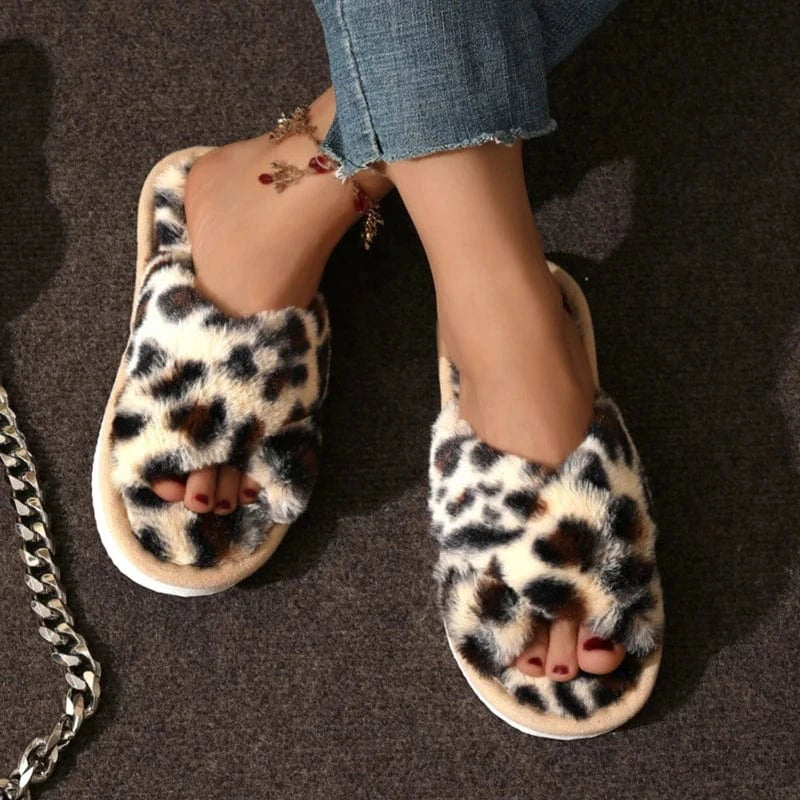 CrissCross-Pantoufles de Maison en Peluche pour Femme, Chaussures de Maison Confortables et Chaudes, Semelle Souple, Nik, Hiver Leopard / 42-43