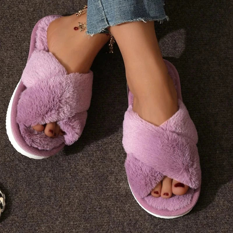 CrissCross-Pantoufles de Maison en Peluche pour Femme, Chaussures de Maison Confortables et Chaudes, Semelle Souple, Nik, Hiver Purple / 36-37