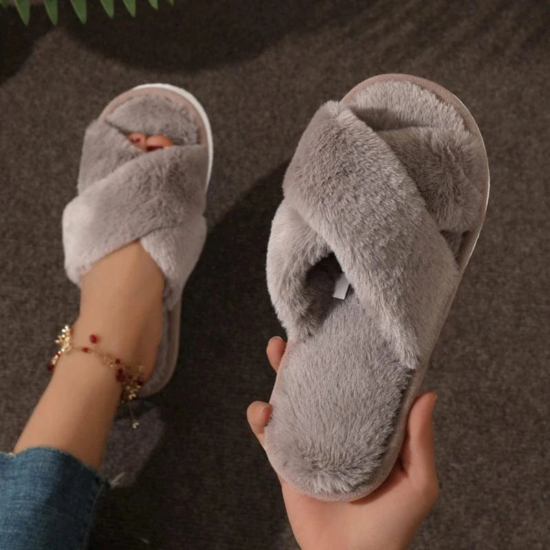 CrissCross-Pantoufles de Maison en Peluche pour Femme, Chaussures de Maison Confortables et Chaudes, Semelle Souple, Nik, Hiver
