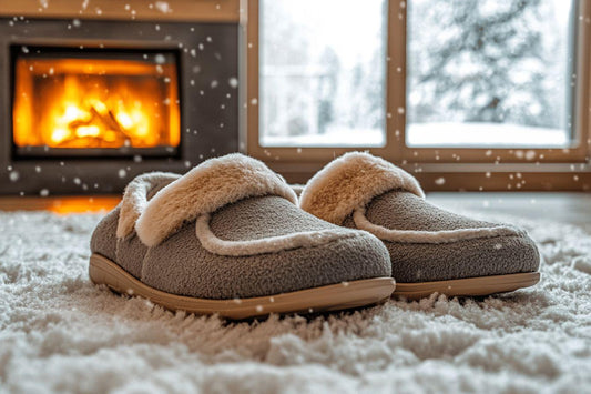 Pantoufles moelleuses sur tapis blanc, feu et neige en fond