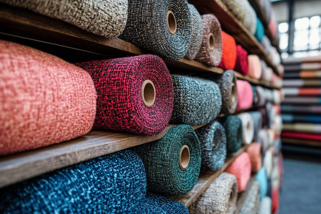 Pile de rouleaux de textile aux couleurs variées sur étagères