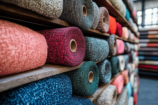 Pile de rouleaux de textile aux couleurs variées sur étagères