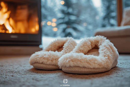 Pantoufles moelleuses sur tapis avec cheminée et neige