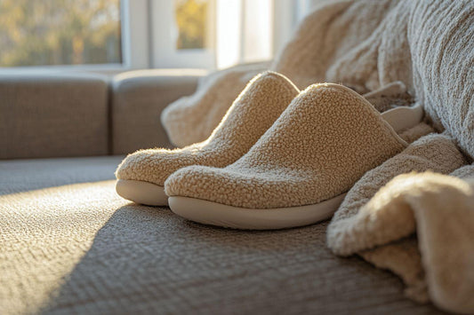 Pantoufles pelucheuses beiges sur canapé avec lumière douce