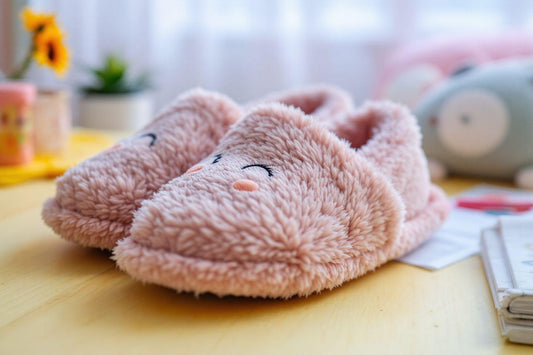 Chaussons en peluche rose doux avec des yeux fermés