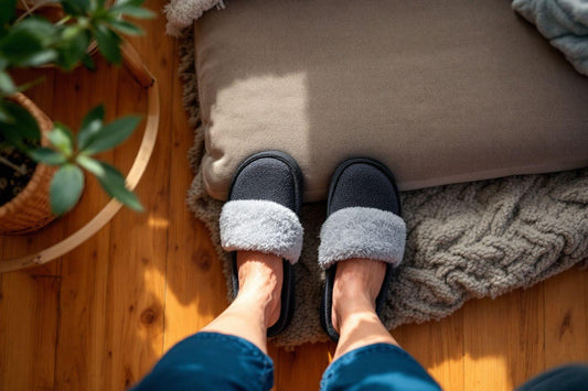 Pieds chaussés de pantoufles moelleuses sur un sol en bois