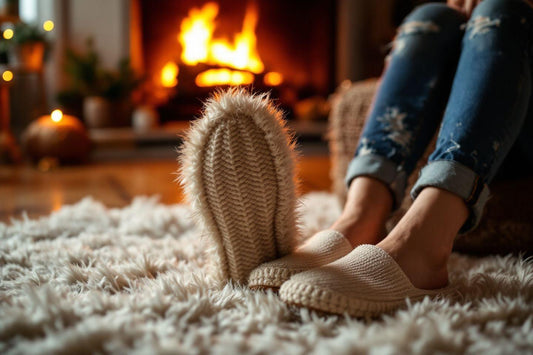 Pieds en chaussettes sur tapis, feu de cheminée chaleureux