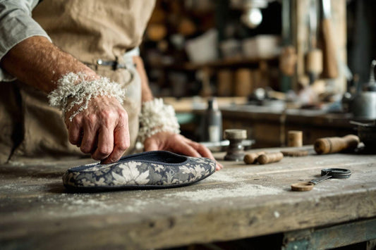 Main travaillant un soulier sur établi poussiéreux