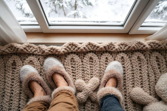 Chaussons moelleux devant une fenêtre d'hiver avec vue sur neige
