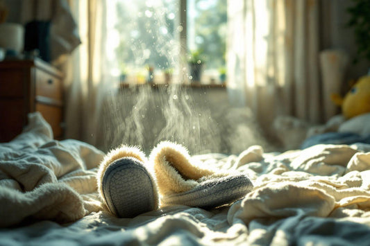 Pantoufles pelucheuses fumantes sur un lit défait au matin