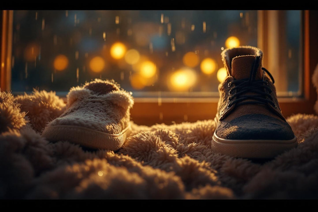 Bottes et pantoufles sur un tapis moelleux près d'une fenêtre