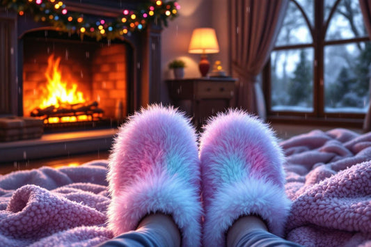 Pieds en chaussons moelleux devant une cheminée ardente