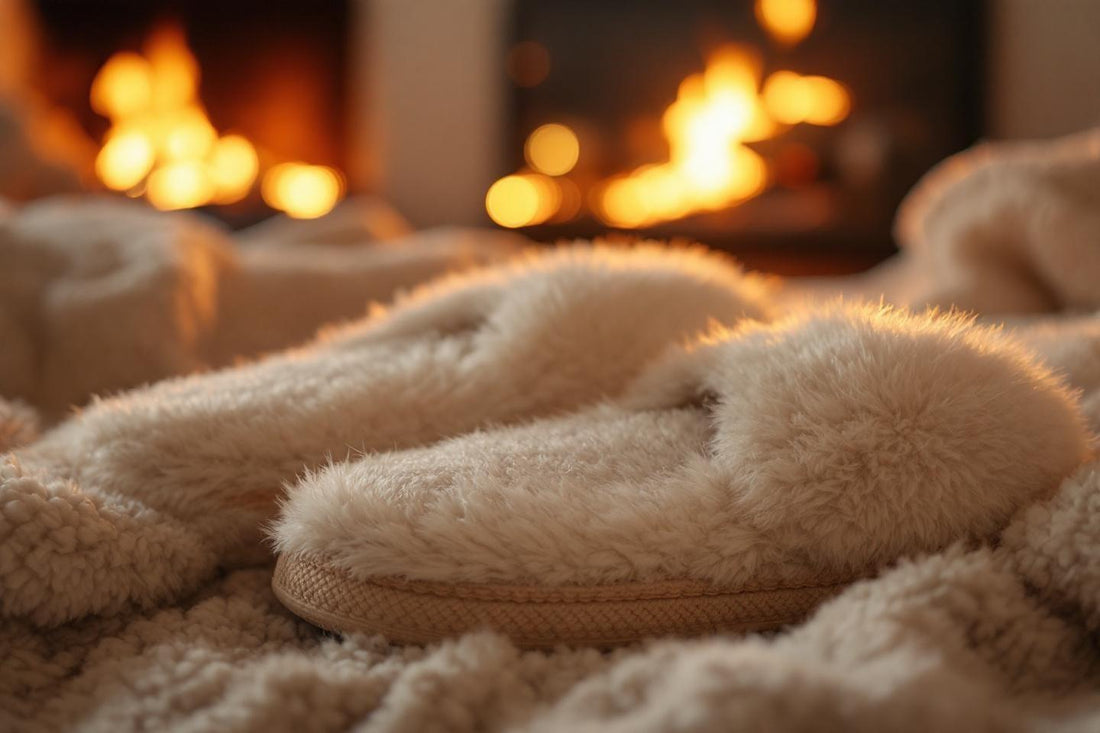 Pantoufles pelucheuses beiges devant une cheminée allumée