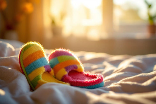 Chaussettes rayées multicolores sur un lit douillet éclairé