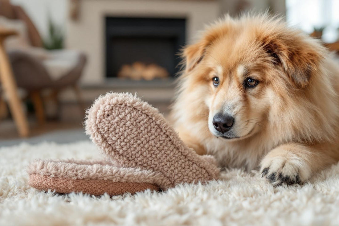 Chien à la fourrure dorée allongé près d'une chausson pelucheux
