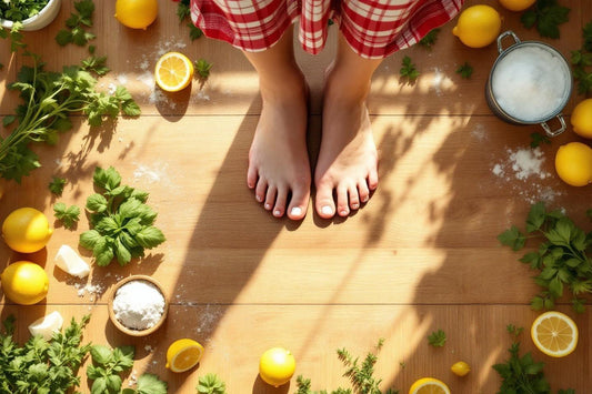 Pieds nus sur planche bois entourés de citrons verts