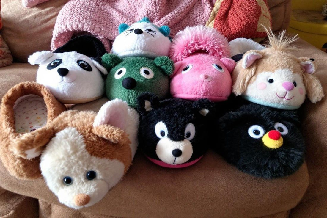 Plusieurs pantoufles douillettes de différentes couleurs et formes