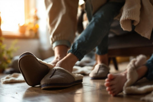 Plusieurs personnes portant des pantoufles confortables près d'une fenêtre lumineuse