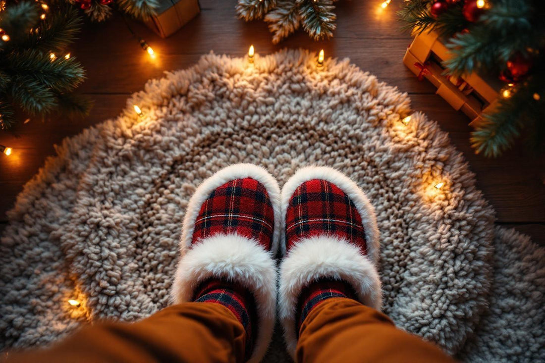 Pantoufles à carreaux rouges sur tapis douillet avec lumières de Noël
