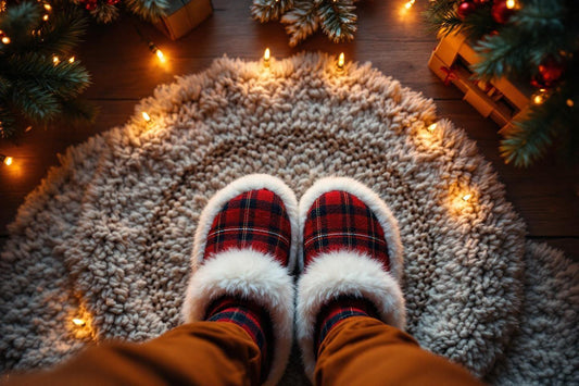 Pantoufles à carreaux rouges sur tapis douillet avec lumières de Noël