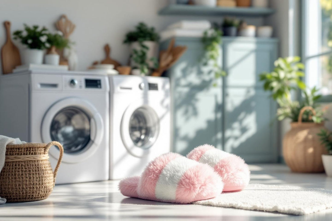 Pantoufles roses et blanches pelucheuses devant des machines à laver
