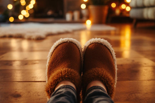 Pieds chaussés de pantoufles fourrées devant des lumières douces