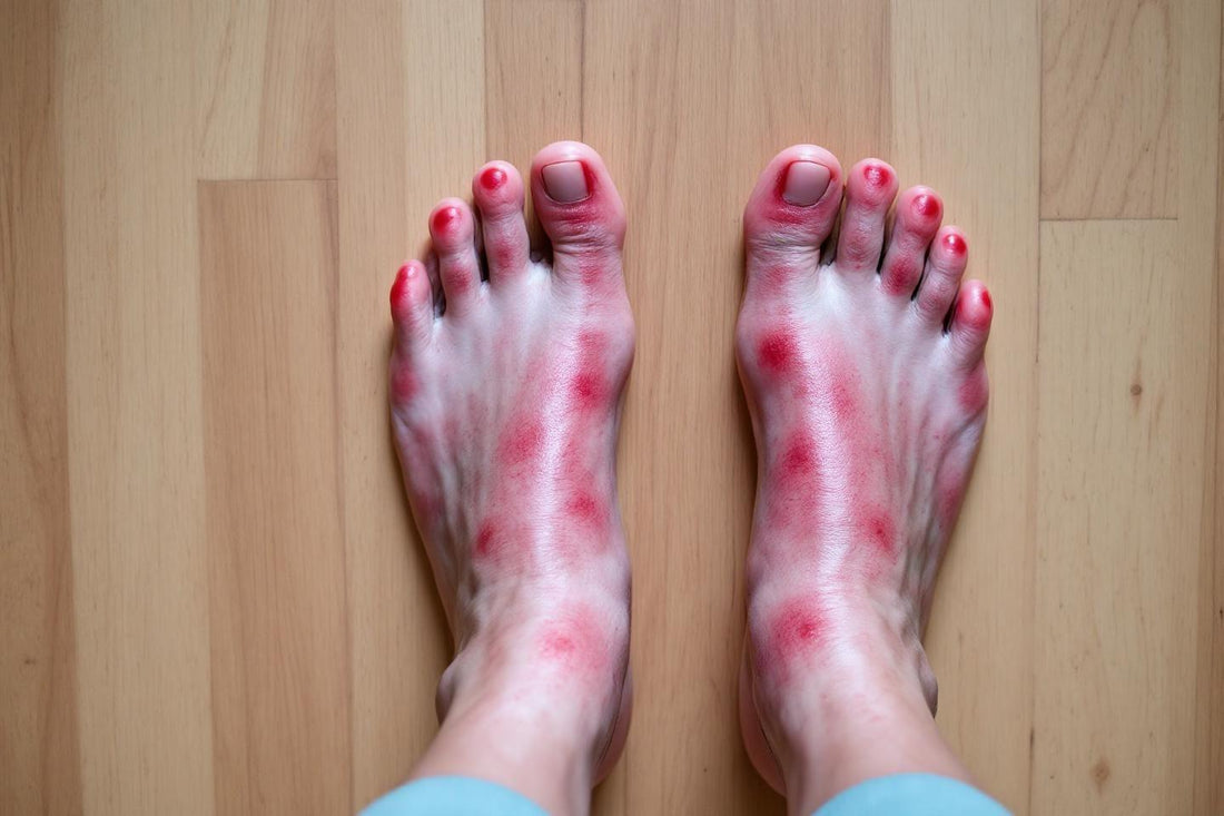 Pieds endoloris avec rougeurs sur fond de parquet clair