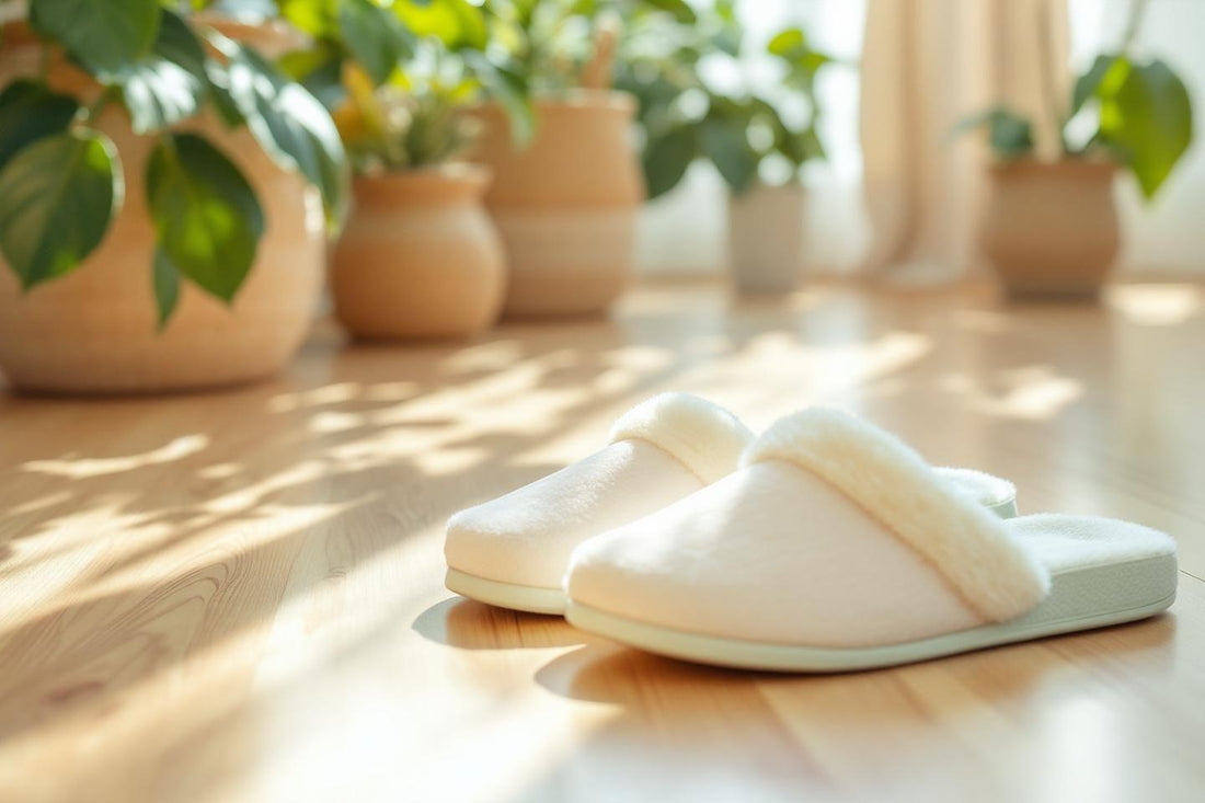 Pantoufles douces sur parquet avec pots de plantes en arrière-plan