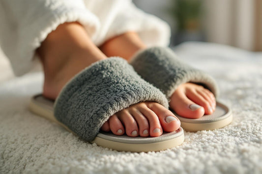Pieds dans des chaussons moelleux gris sur un tapis blanc