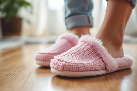 Pieds dans des chaussons tricotés roses confortables
