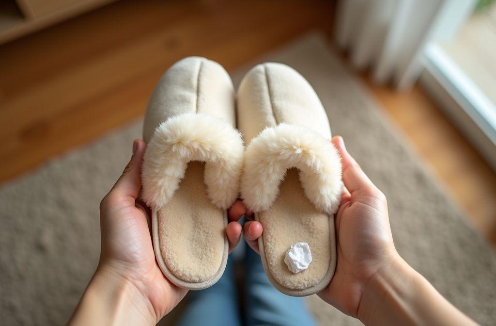 Gros plan de pantoufles confortables avec bordure en fausse fourrure