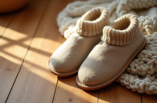 Pantoufles beiges douillettes avec bordure tricotée