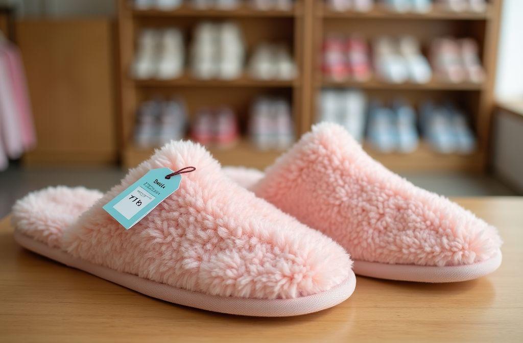 Chaussons duveteux roses avec étiquette de prix sur étagère