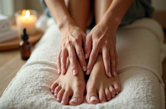 Mains massant des pieds sur une serviette blanche avec bougie