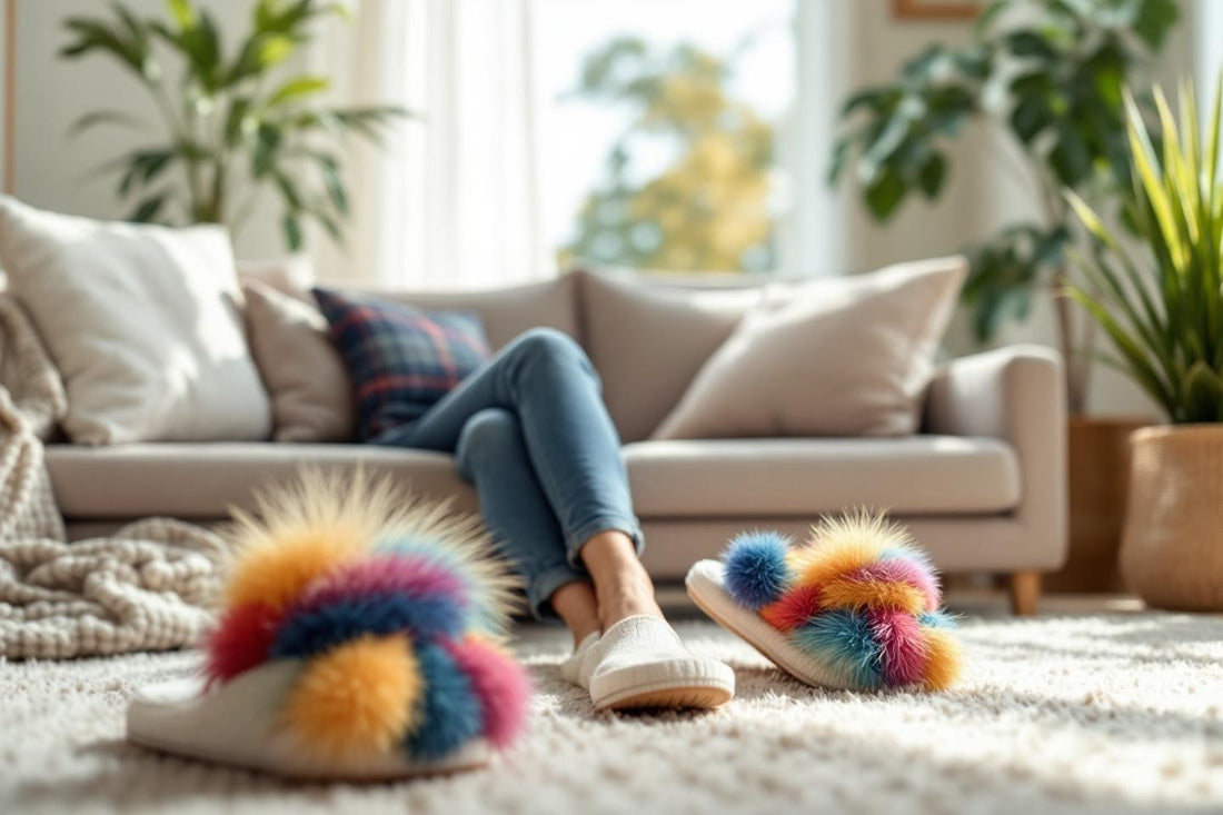 Pantoufles colorues sur tapis avec canapé et plantes vertes