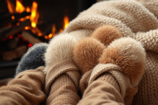 Chaussettes pelucheuses devant une cheminée ardente