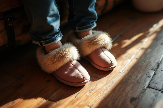 Gros plan sur des chaussons en cuir avec bordure en fourrure