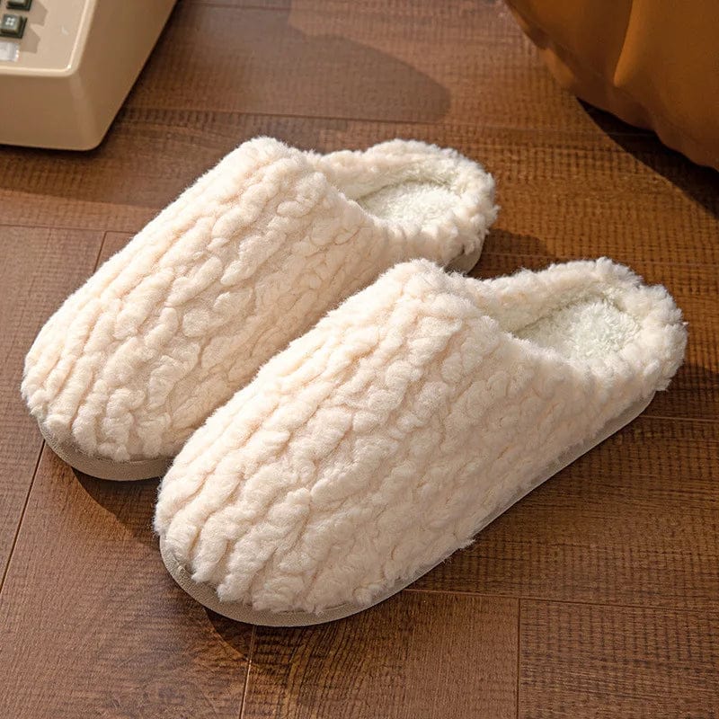 Bedroom Cotton Slippers Winter Household Warm Furry Women Men Shoes Indoor Slippers Warm Plush Home Slippers Ladies Flip Flops Beige / 36-37(fit35-36)