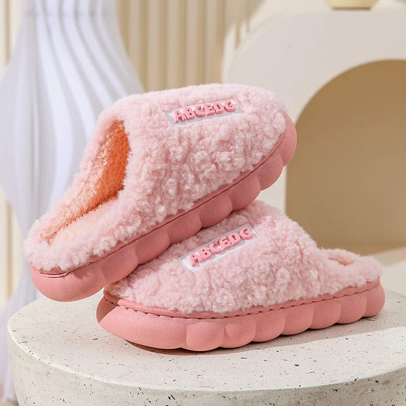 Thick Home Indoor Outside Boy Girl Slippers Winter Home Warm Fluffy Slippers High Heels Fur Cotton Shoes Ladies Couples TG07 pink / 36-37