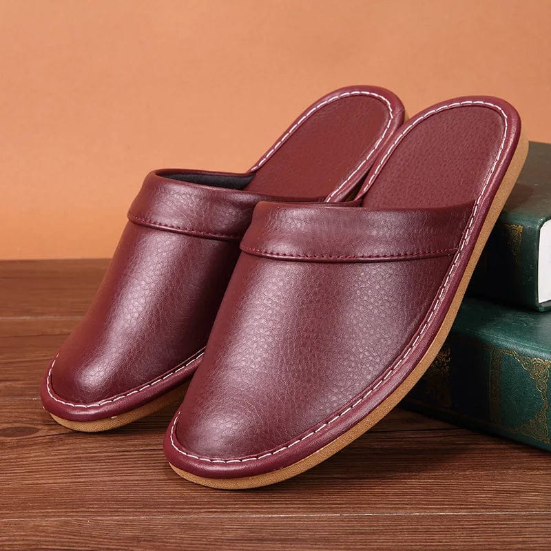 Affordable PU Leather Slipper Men's Home Shoes Winter Waterproof Slippers Unisex Indoor Shoes Room Guest Slipper Man Flip Flops Wine red / CN 37-38